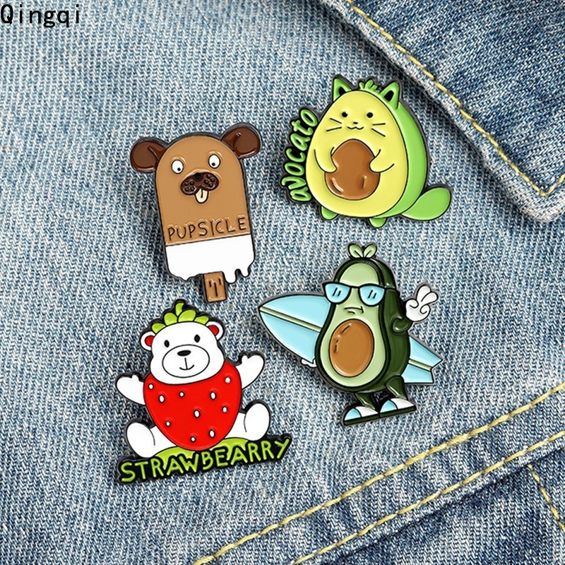 Bros Pin Enamel Bentuk Kartun Buah Semangka / Anjing / Alpukat / Kucing / Beruang /Berry Untuk Anak