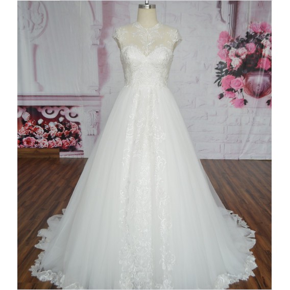 gaun pengantin ekor putih kerah tinggi tanpa lengan