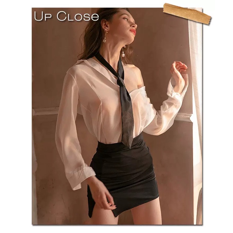 Lingerie Set Sekretaris Wanita Cosplay Kurus Mini Rok Manis Seragam Guru Lengan Panjang Dasi Rok Mini Seksi 3A356