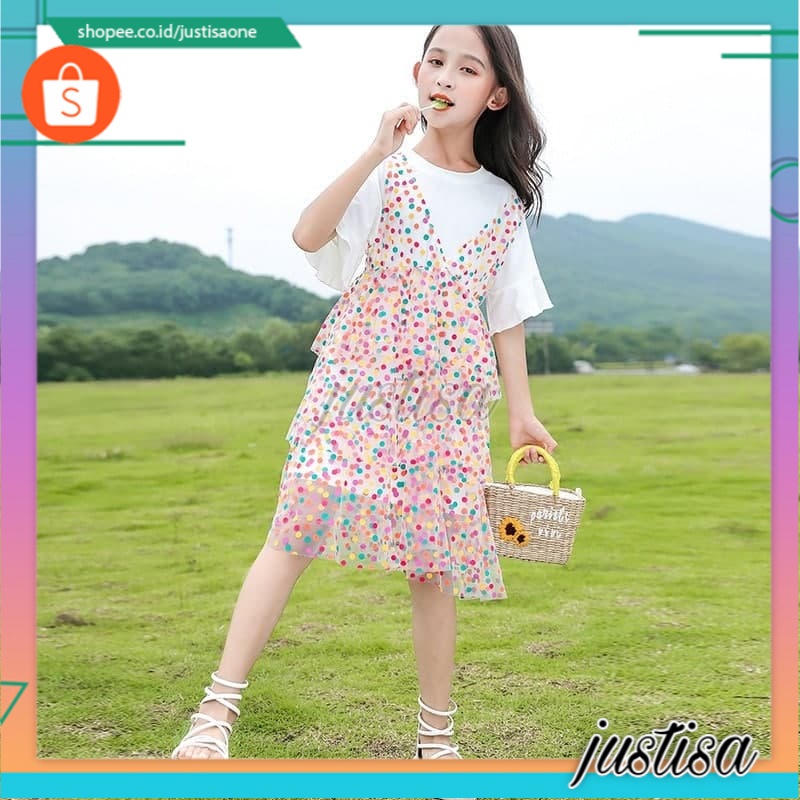 Promo !! Dress anak import trendy / dress polka colorful layer ukuran 3-6tahun