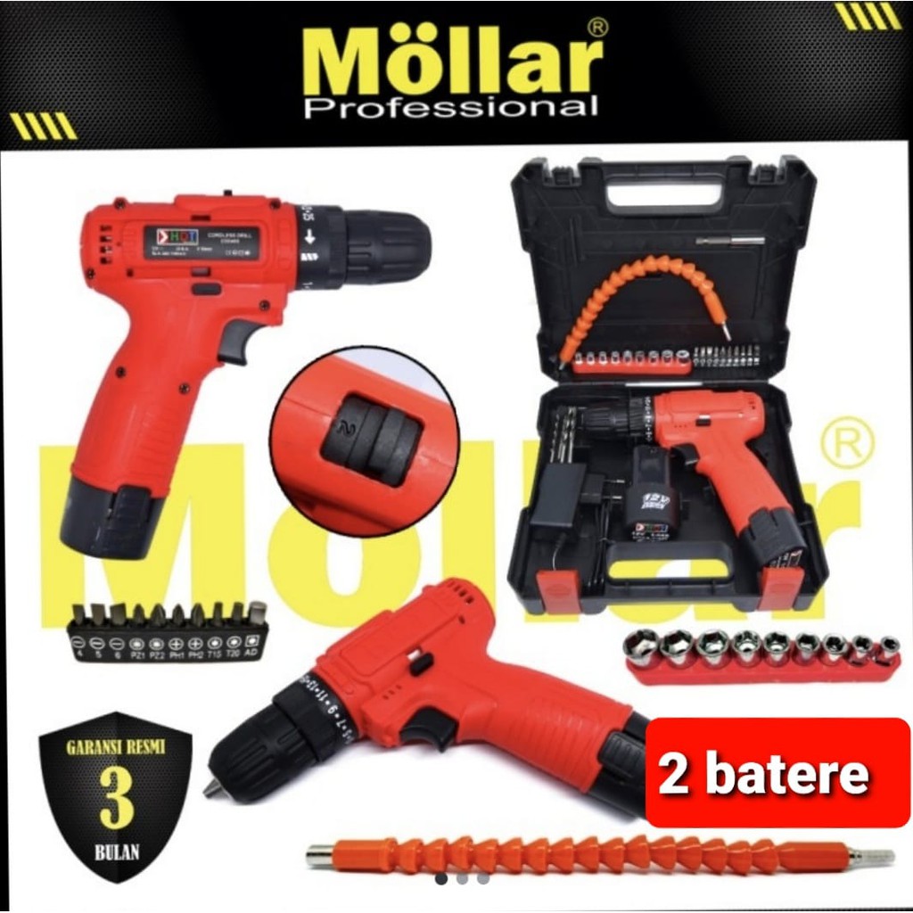 HDT CDD405 Mesin Bor Cordles Cas Charger 12V Cordless Drill 2 Baterai