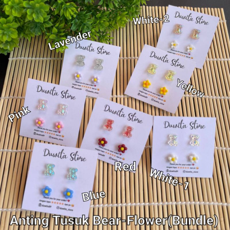 HANDMADE ANTING ANAK/DEWASA ANTING TUSUK PLASTIK MOTIF BEAR-FLOWER (BUNDLE)