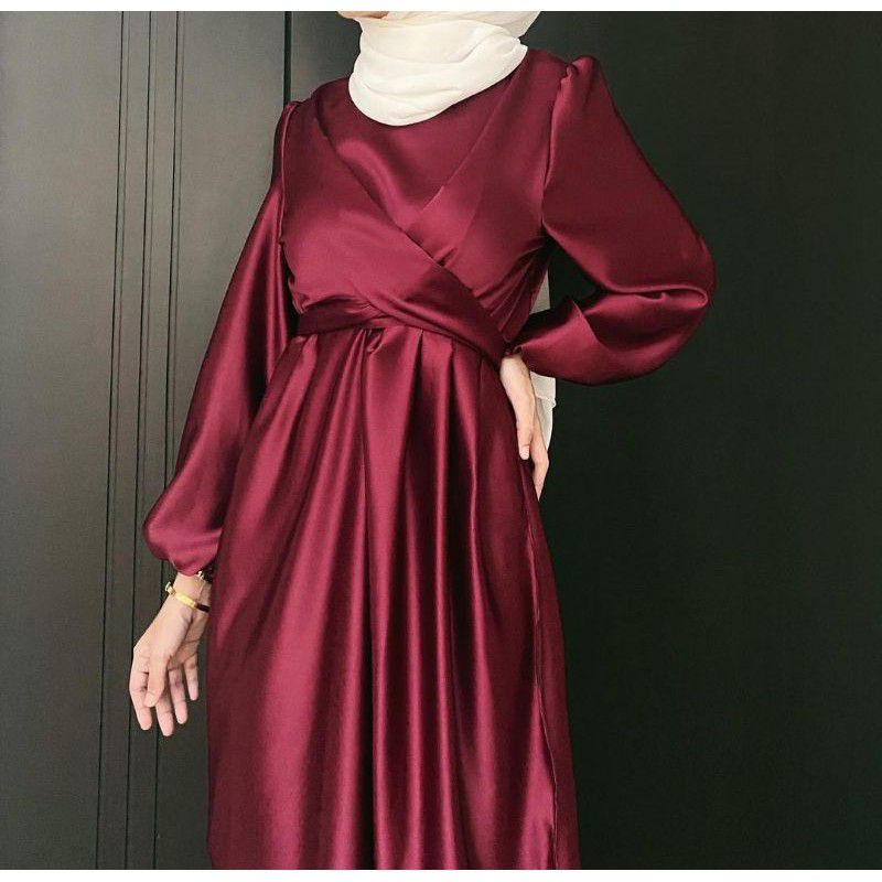 GAMIS SATIN DRESS SATIN SILK MEWAH ELEGAN TALI