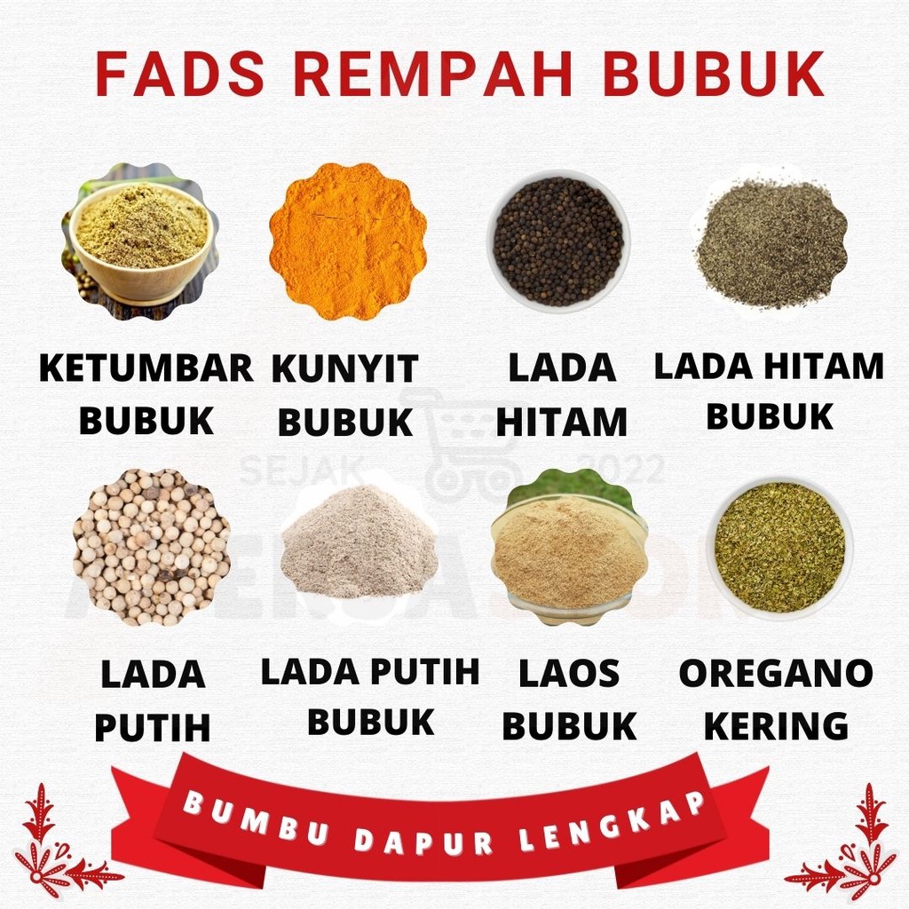 Fad's Bumbu Dapur Bubuk Lengkap 500gr - Rempah Bubuk Lengkap - Adas Asam Bawang Cabai Ngohiong Daun Jeruk Salam Gochugaru Jahe Jintan Kayu Manis Kemiri Kencur Ketumbar Kunyit Lada Hitam Lada Putih Laos Pala Paprika Selasih Serai Temulawak WIjen