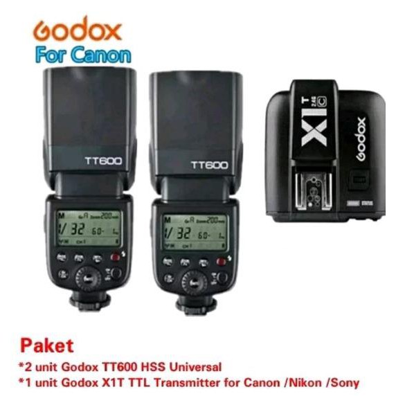 TERLARIS-PRODUK PAKET FLASH GODOX TT600 2PC +TRIGGER GODOX X1T-C TTL FOR CANON