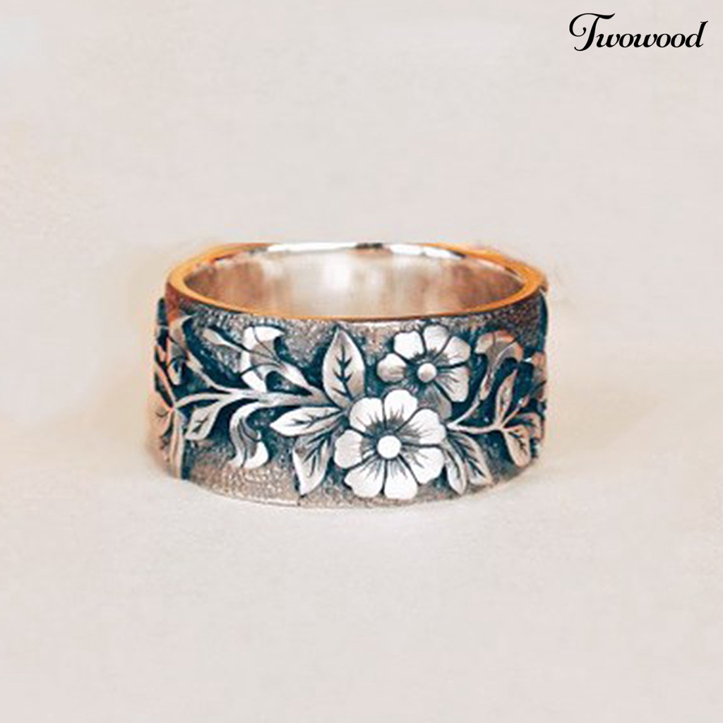 Twowood Bird Flower Pattern Unisex Ring Retro Color Alloy Wide Hip Hop Finger Ring Jewelry Accessory