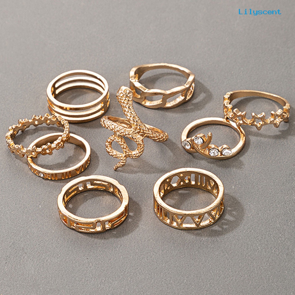 9 Pcs / Set Cincin Wanita Bentuk Ular Hollow Gaya Gothic Tahan Lama Untuk Outdoor