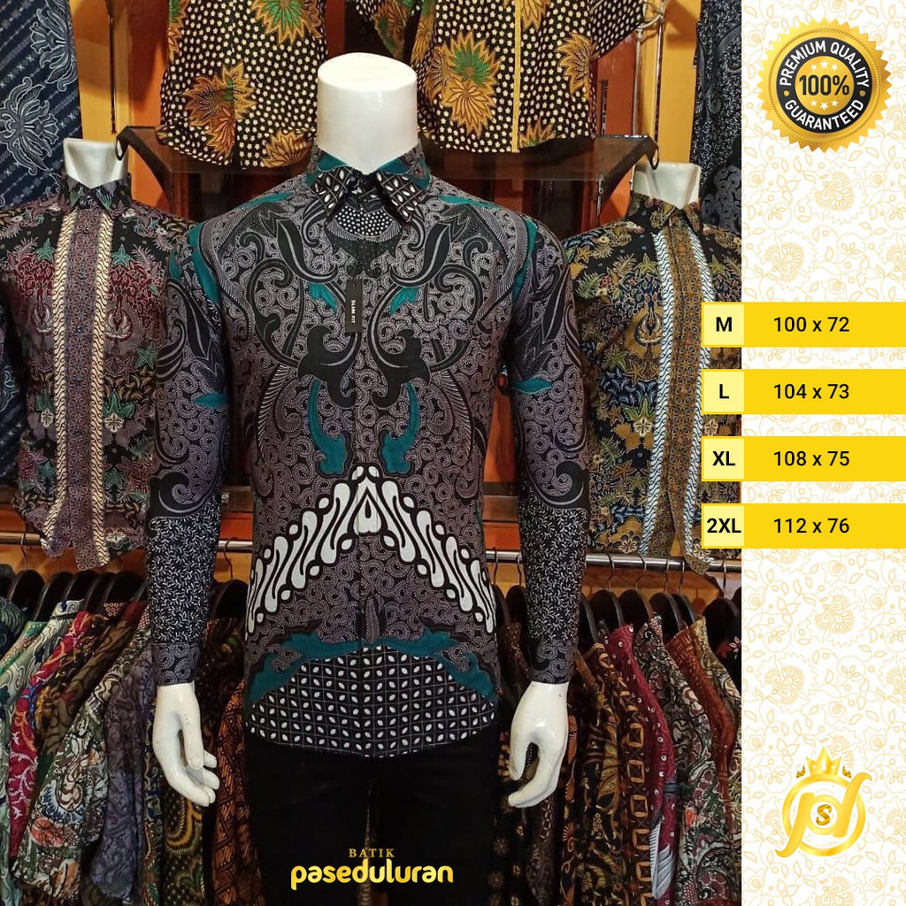 Kemeja Batik Slim Fit Premium Motif Amangkurat Lengan Panjang Warna Abu Hijau Lime