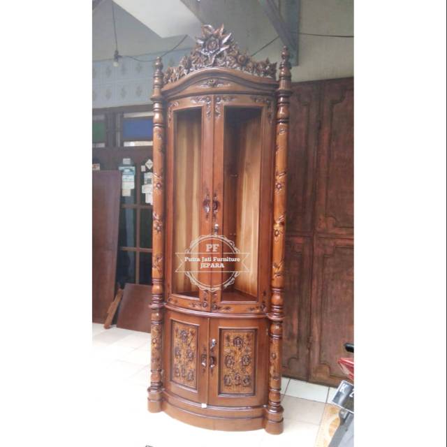 Lemari Pojok Kayu Jati - Almari Hias Pajangan Full Ukir Jepara - Harga Promo