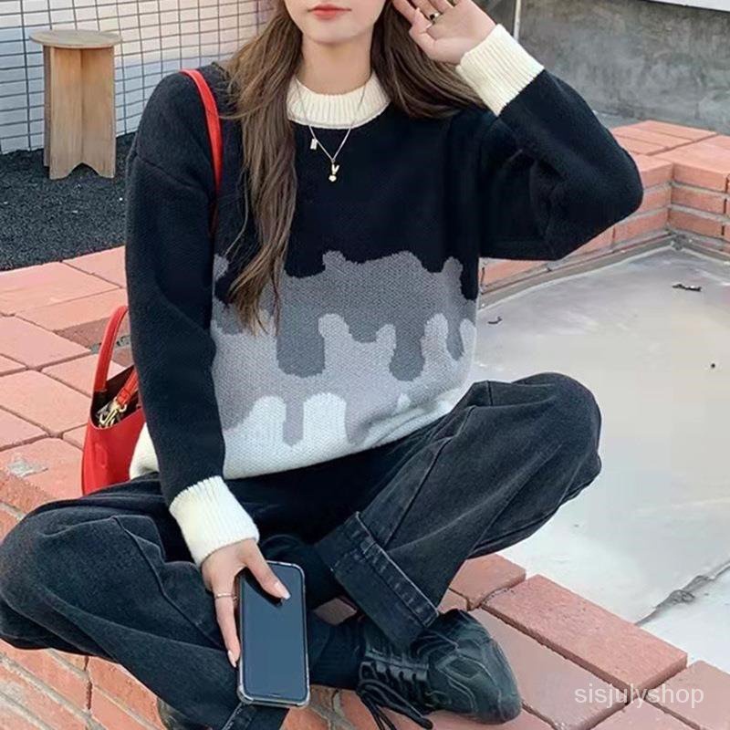 #Sisjuly# Wanita Baru Kasual Gradien Colorblock Knit Crew Neck Sweater Pullover Lengan Panjang