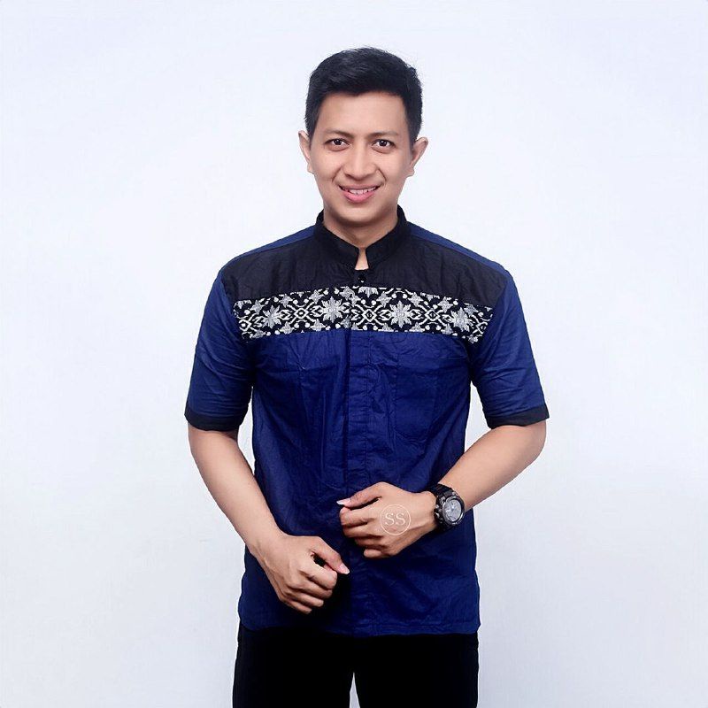 Baju koko Pria Bordir lengan pendek Baju koko Dewasa Matt Katun M L XL XXL Spesial navy/biru dongker