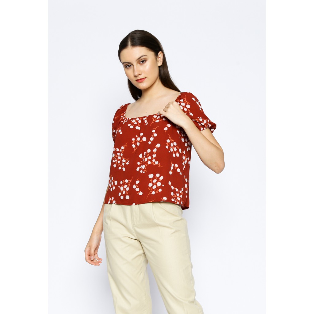 VALINO LADIES Blouse Lengan Pendek Merah Motif Bunga Wanita - D-ZLAB06-X5