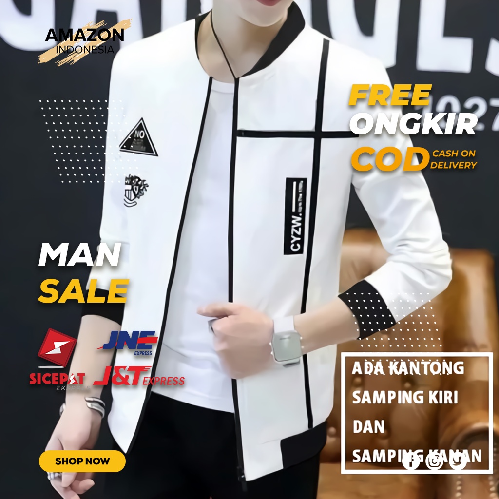 JAKET PRIA LENGAN PANJANG WARNA PUTIH STYLE CASUAL BAHAN TRICOTT KAIN TEBAL ORIGINAL HARGA TERMURAH GOOD QUALITY