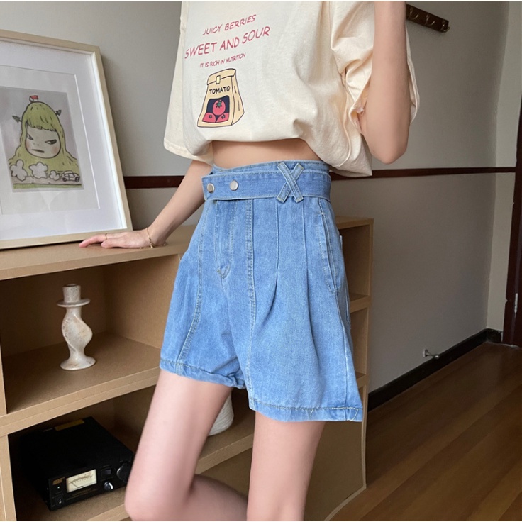 Celana Denim Fashion Celana Pendek Denim Celana Kasual Pinggang Tinggi Celana Wanita Longgar Korean style