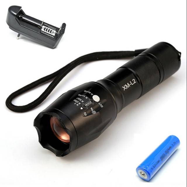 TaffLED Paket Tactical Flashlight Cree XM-L2 8000 Lumens + Baterai 18650 + Charger - E17 - Black