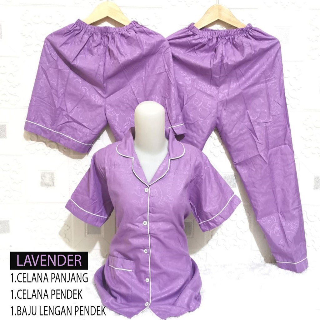 ISANNY PIYAMA SET 3IN1 SIZE.XL/PIYAMA SATIN EMBOS 3 IN 1/WARNA TERBANYAK/READY STOK/REAL PICT-LAVENDER