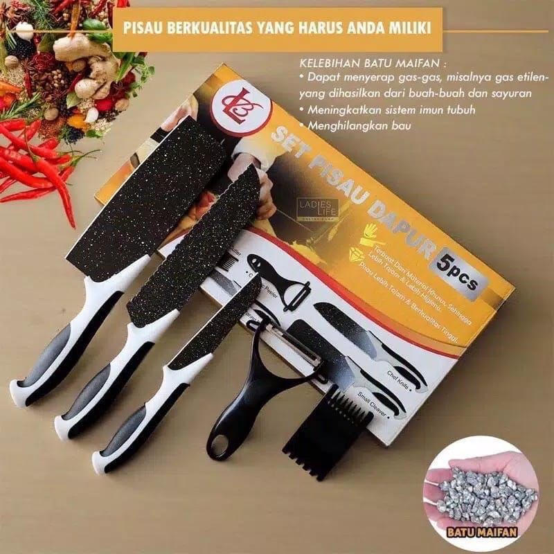 piso pisau satu set di dapur murah isi 5pcs hitam putih - super tajam - untuk pengupas pemotong buah sayur daging dan ikan - bisa COD