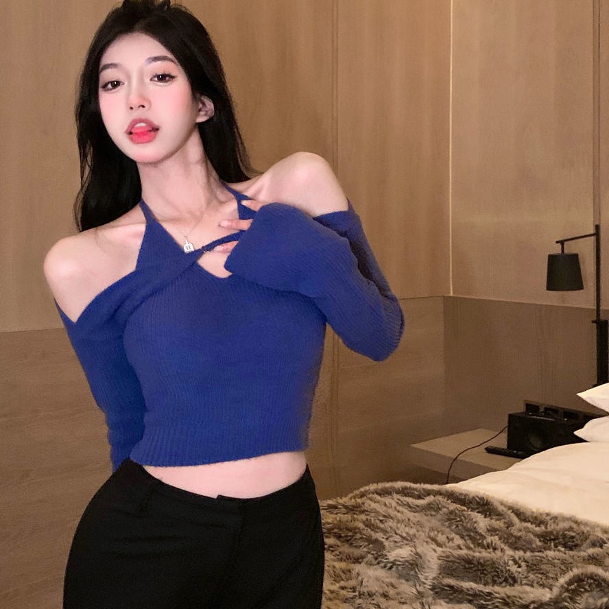 impor satu bahu halterneck rajutan kemeja bottoming sweater wanita atasan lengan panjang pendek