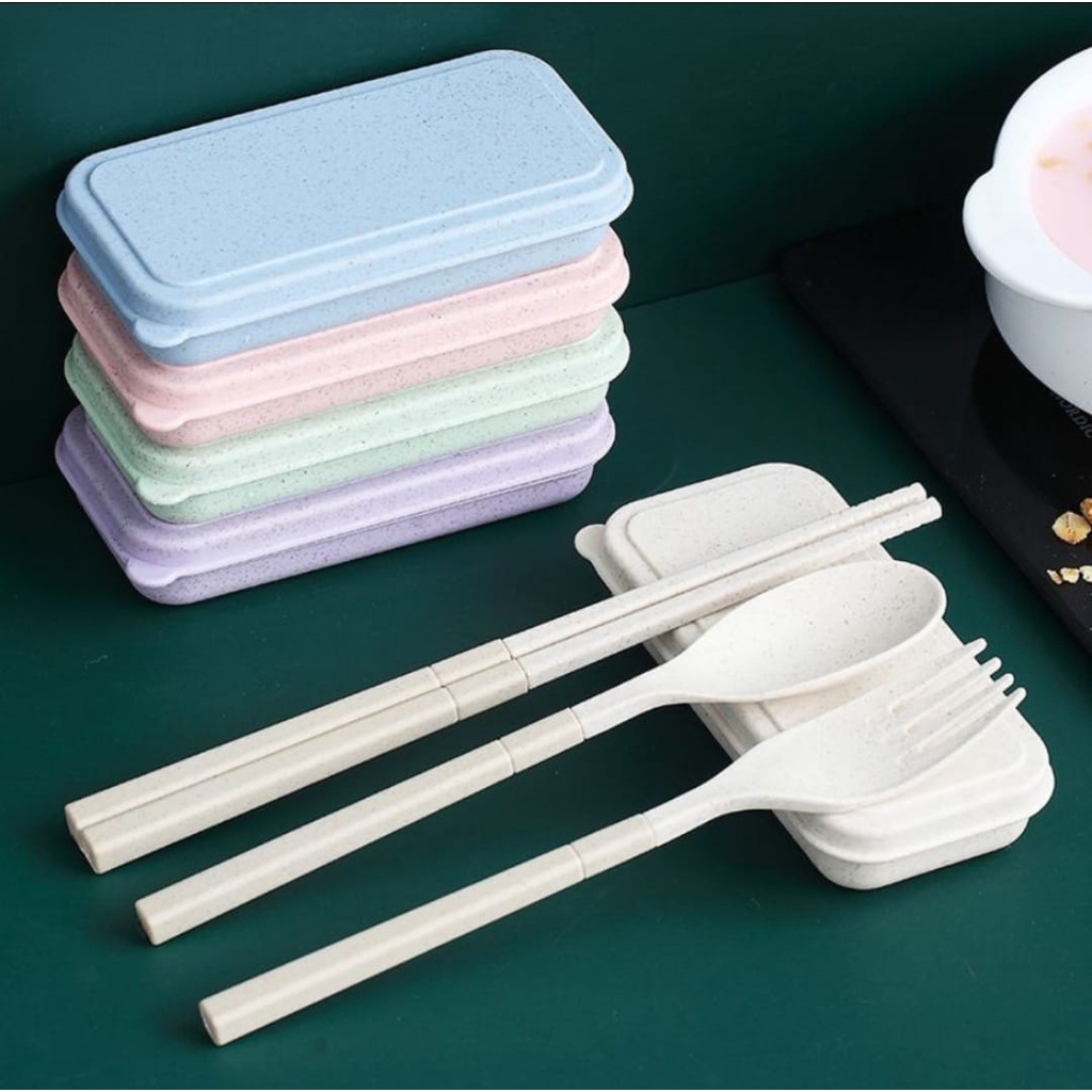 SENDOK GARPU SUMPIT 3IN1JERAMI GANDUM / ALAT MAKAN PORTABLE SET BAHAN PLASTIK JERAMI GANDUM