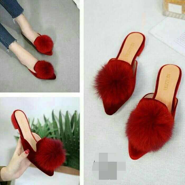 Sandal flat selop bulu POM wanita merah lucu casual modis santai pesta gaul