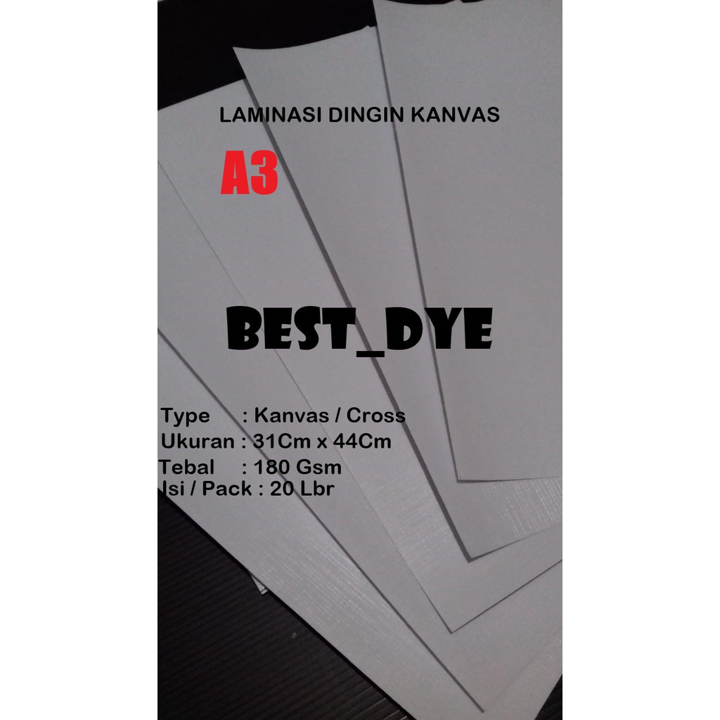 

Laminasi Dingin KANVAS 180 Gr, A3= 31Cm x 44Cm, isi / pack = 20 Lbr