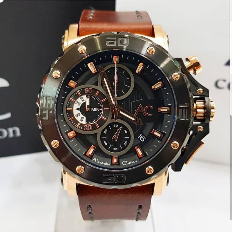 Alexandre Christie Collection Original Ac9205 Jam Tangan pria tali kulit full hitam