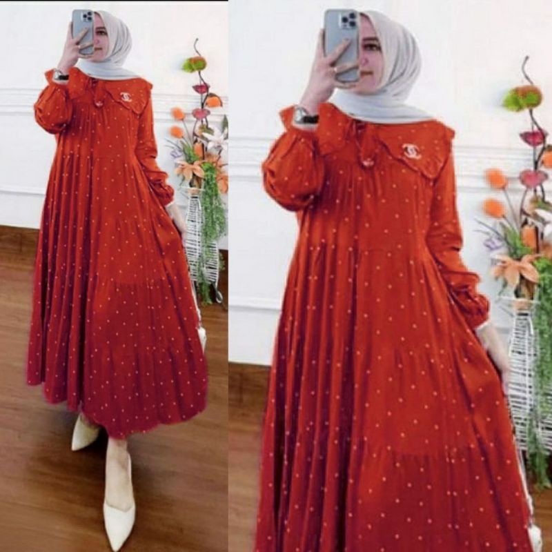 Gamis Midi Dress Muslim Rayon Motif Polkadot Busui