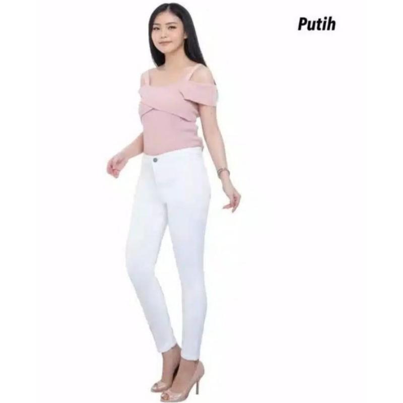 Celana Jeans Putih Jumbo Highwaist Cewek HW White Skinny Wanita Murah Stretch Big Size 27-34 ONKJAYA