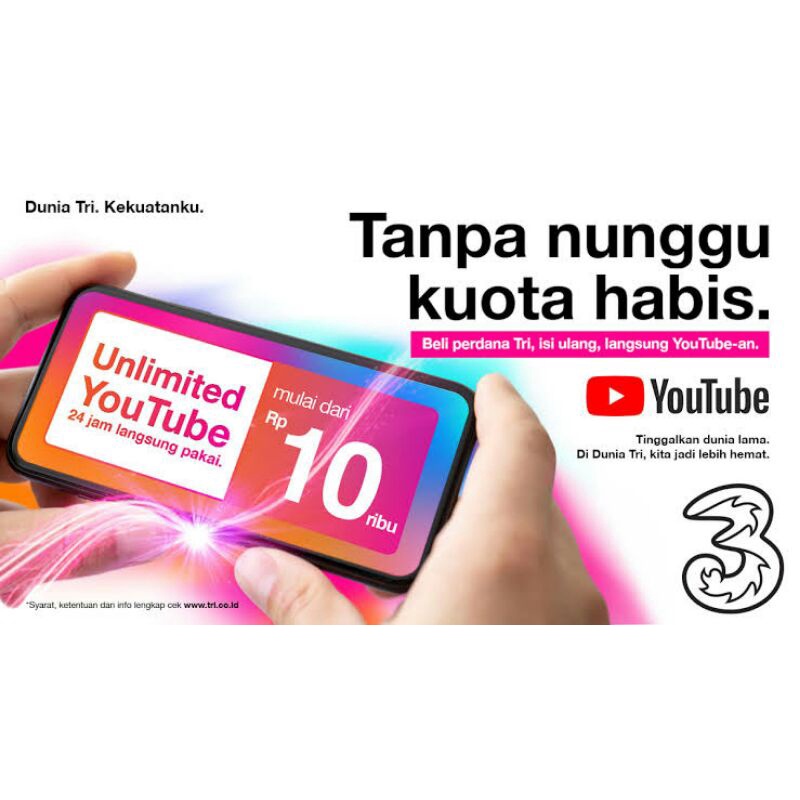 Paket Data Internet tri 3 Three 22GB 52GB Unlimited Youtube 30Hari 24Jam