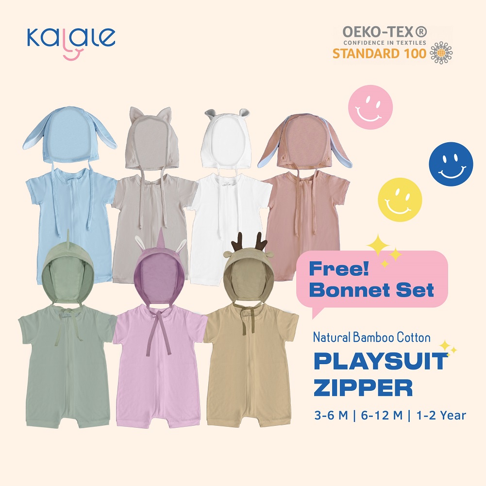 PLAYSUIT BONNET SET (ROMPER / JUMPER ANAK DAN BAYI) BAJU ANAK KALALE NATURAL COTTON BAMBOO