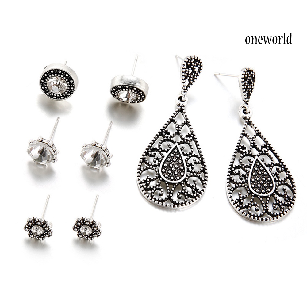 OW@ Boho Antique Silver Retro Hollow Waterdrop Pendant Stud Earrings Jewelry Set