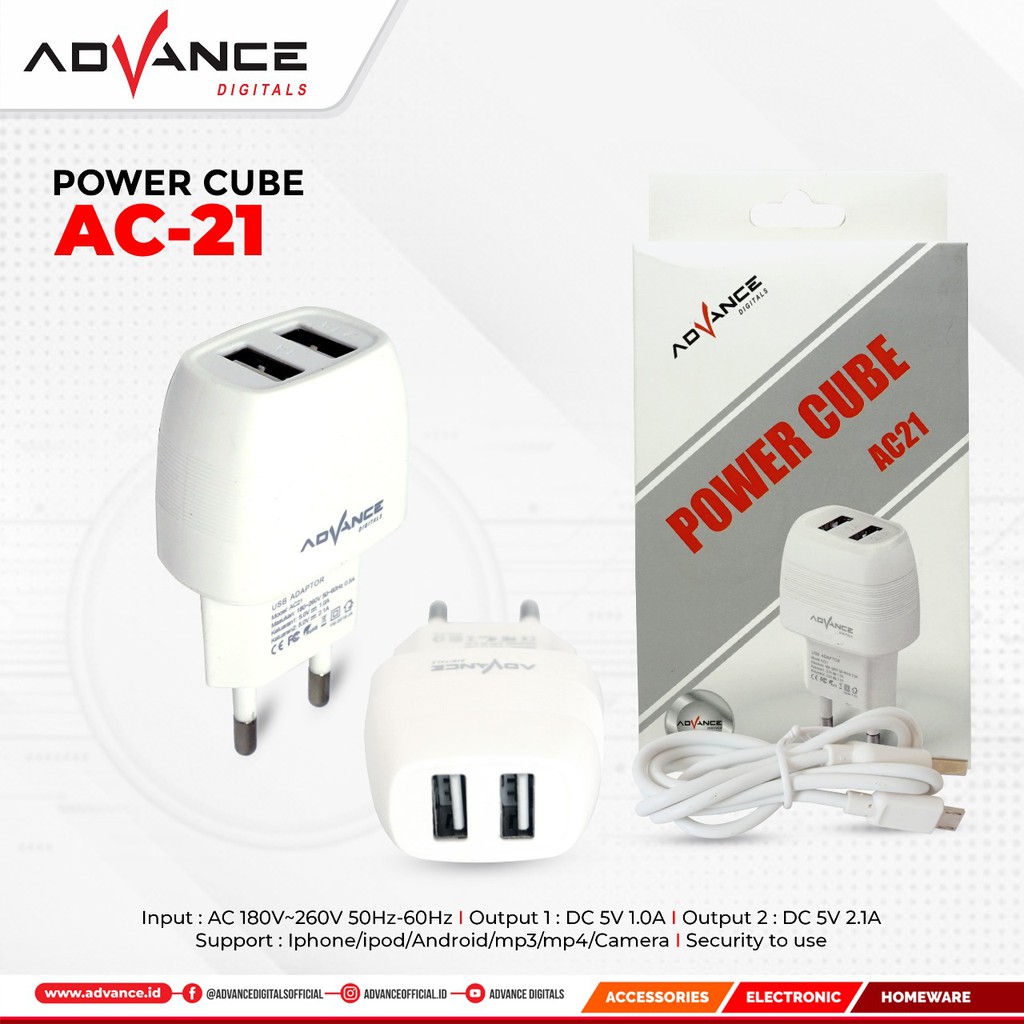 Charger / Adaptor / kepala cas Advance dual output Fast charging 2,1A AC-21