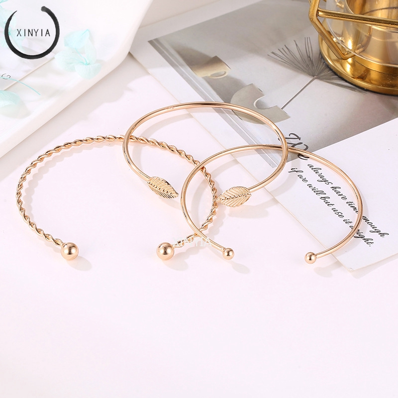 3Pcs / Set Gelang Wanita Model Vintage Simple Elegan Motif Daun Hollow