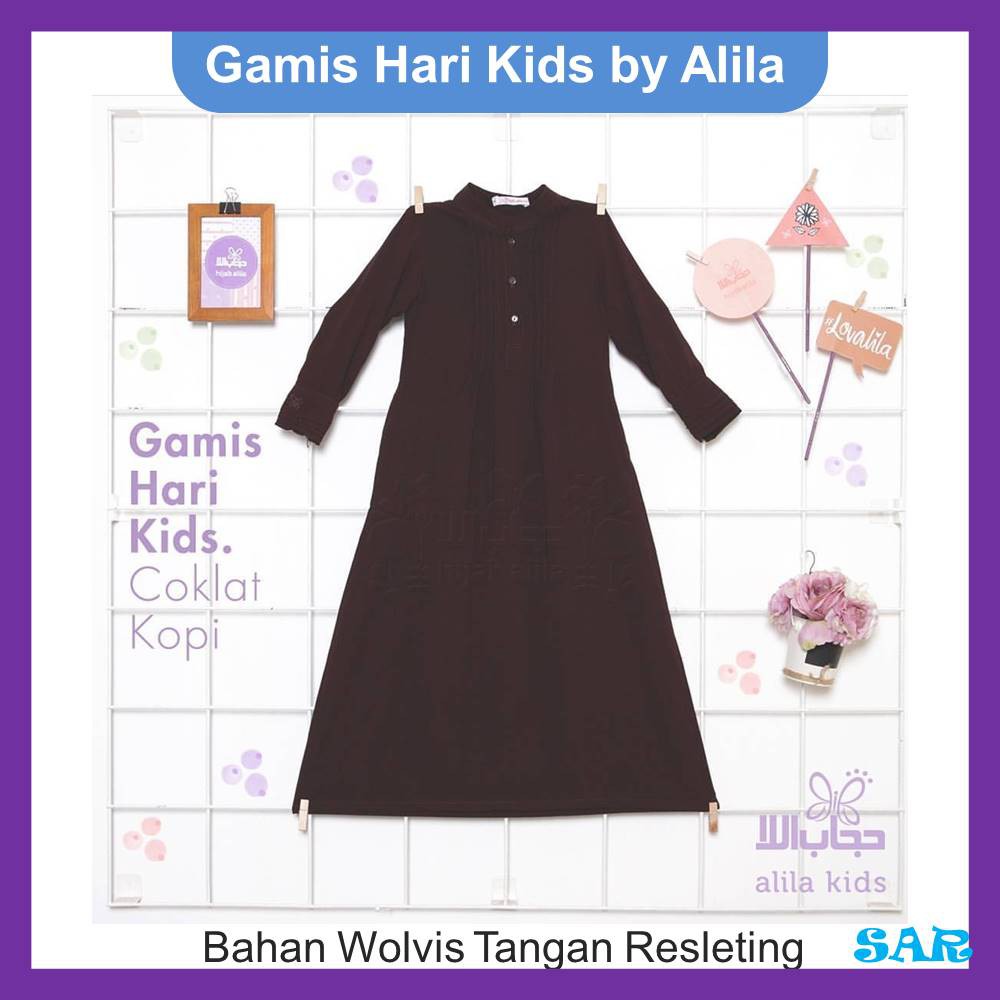 Gamis Hari Kids Polos Syari Satu Warna Bahan Wolfis Tangan Resleting by Alila Kids
