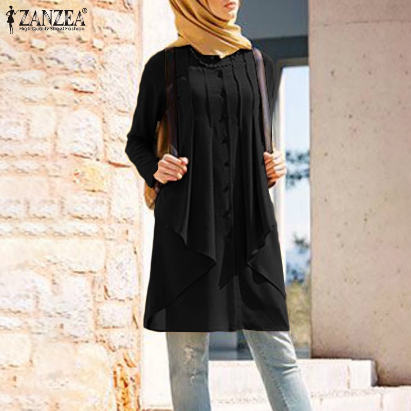ZANZEA Women Fashion Casual O Neck Button Down Irregular Hem Long Muslim Blouse