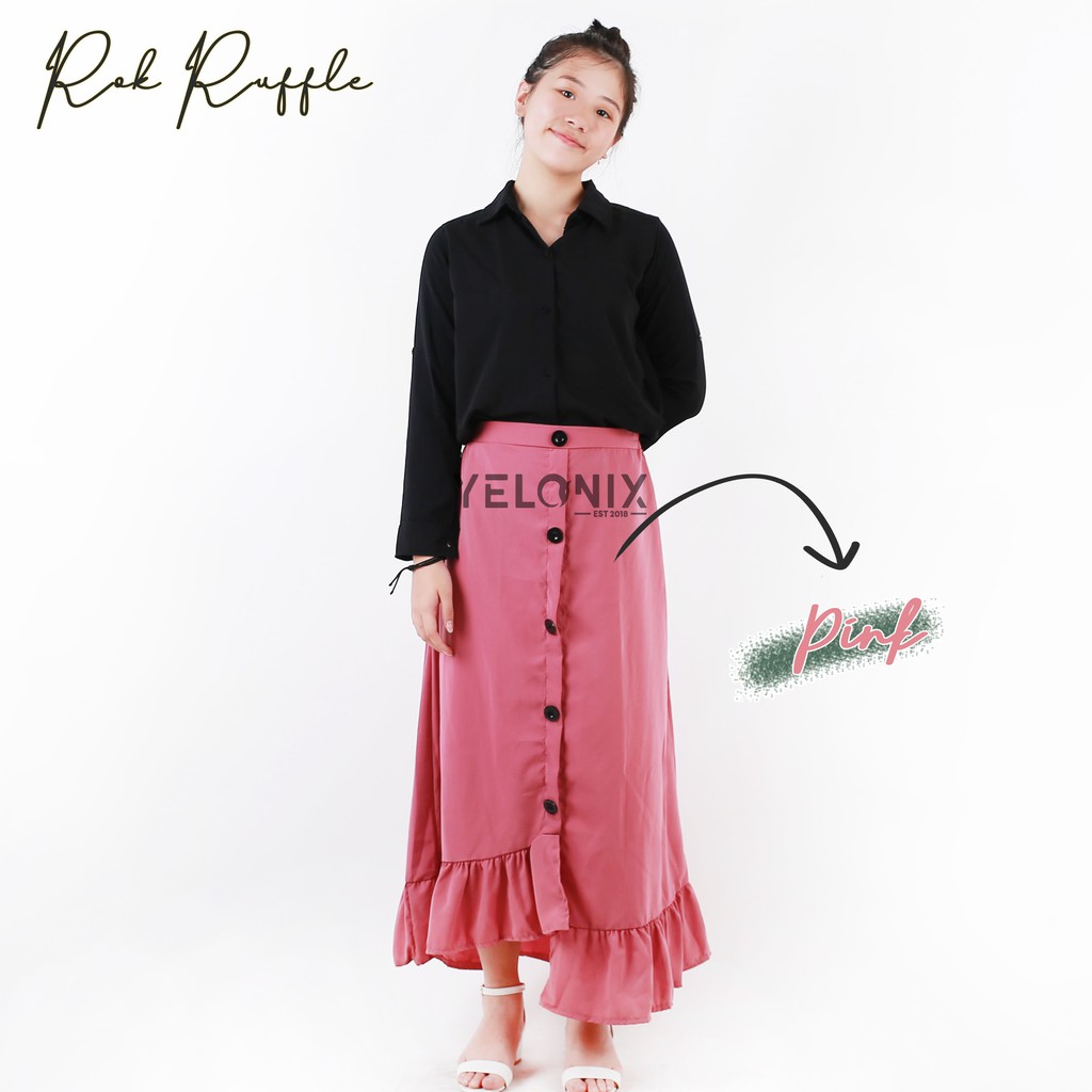 Rok Ruffle PANJANG Rample Korea Rok Kancing Button Skrit Pinggang Karet - YELONIX