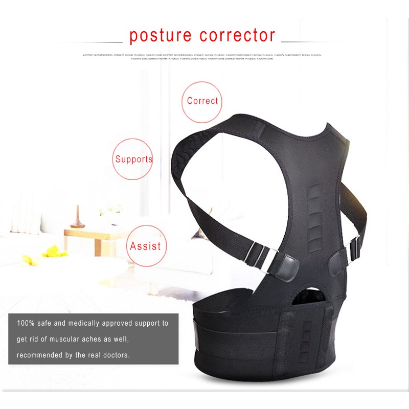 TaffSPORT Rompi Magnetic Terapi Punggung karena Banyak duduk memperbaiki postur tubuh yang Bungkuk Bongkok lebih tegap Perbaikan postur tubuh bungkuk Back Posture Corrector Adjustable Magnetic Shoulder Corrective Therapy Corset Brace Belt Lumbar Support