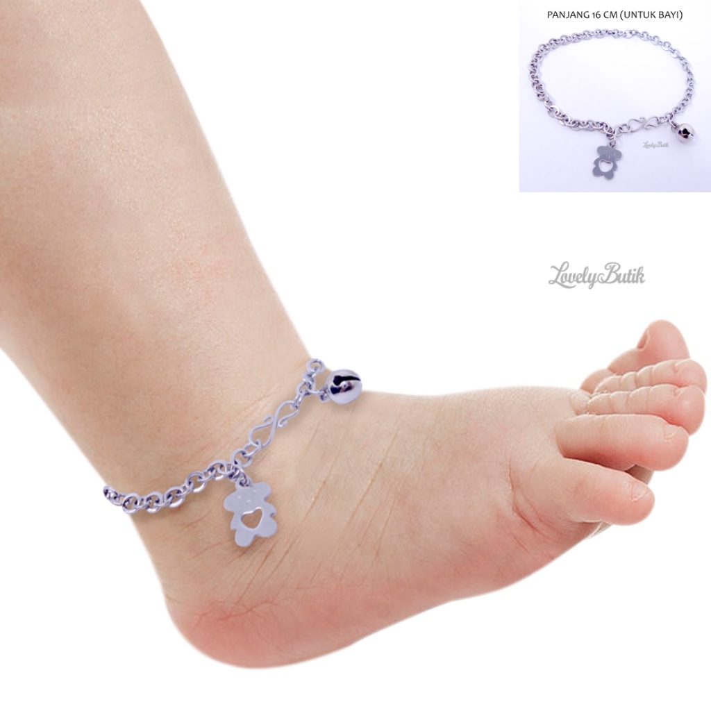 Lovelybutik Gelang Tangan Gelang Kaki Bayi Monel Kerincing Baby 0-2 Tahun Bear Kecil Krincingan Baja Putih Stainless Steel