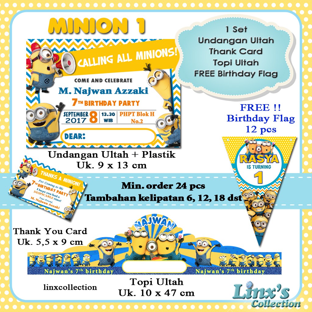 Souvenir Ultah 1 Set Paket Undangan Ultah Anak Kartu Souvenir Topi Ulang Tahun Minion Shopee Indonesia