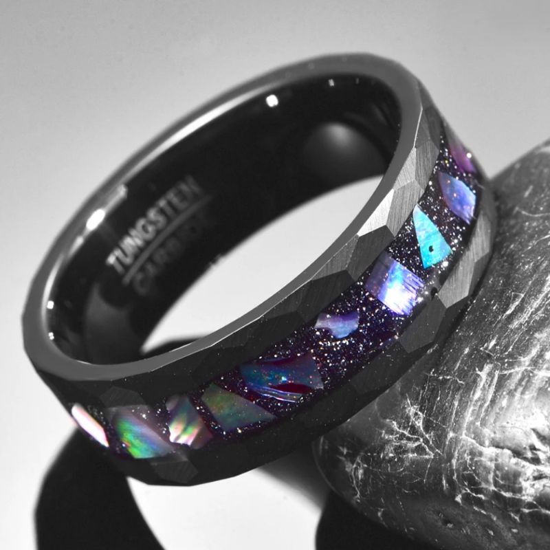 Cincin Tungsten Carbide Original Starry Sky Bottom Abalone Shell Edge Hammered Lasa Premium High Quality