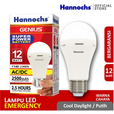 Hannochs Lampu LED Emergency Genius 12W Putih AC/DC 12 Watt Fitting