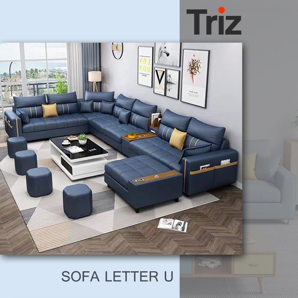 sofa letter u 8 seater furniture minimalis biru full kulit bonus meja minimalis  triz furniture 
