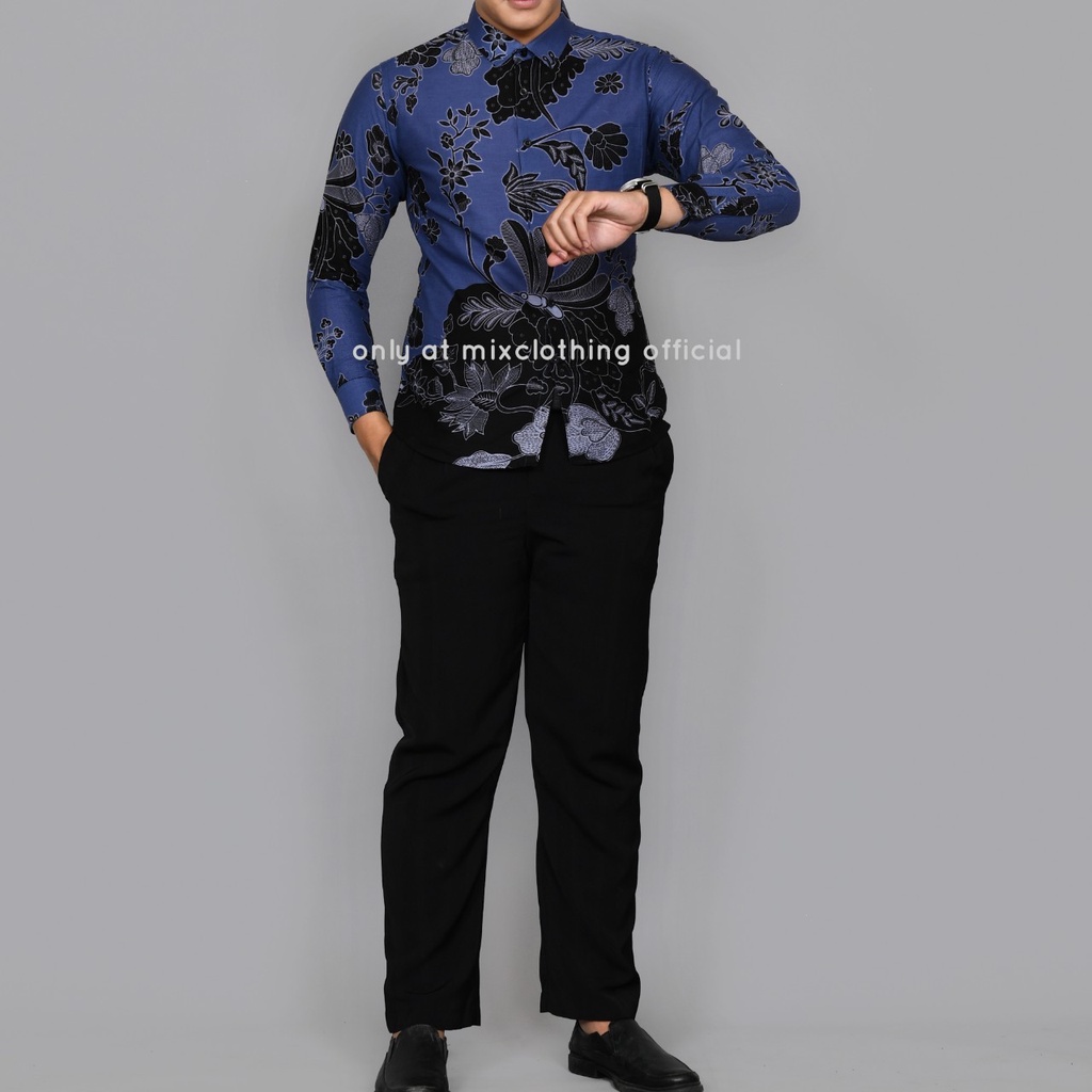 New Premium Baju Kemeja Batik Pria SlimFit Lengan Panjang Capung Biru 1846