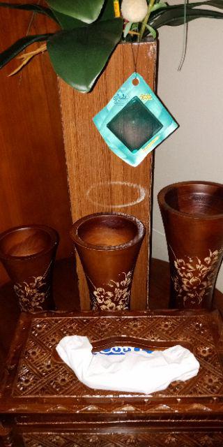 Vas Bunga Kayu Jati Motif Cukit Bunga, Set 3 Pcs.