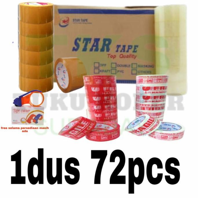 

Lakban KARDUS StarTape bening coklat 2in x 100yrd/fragile merah putih