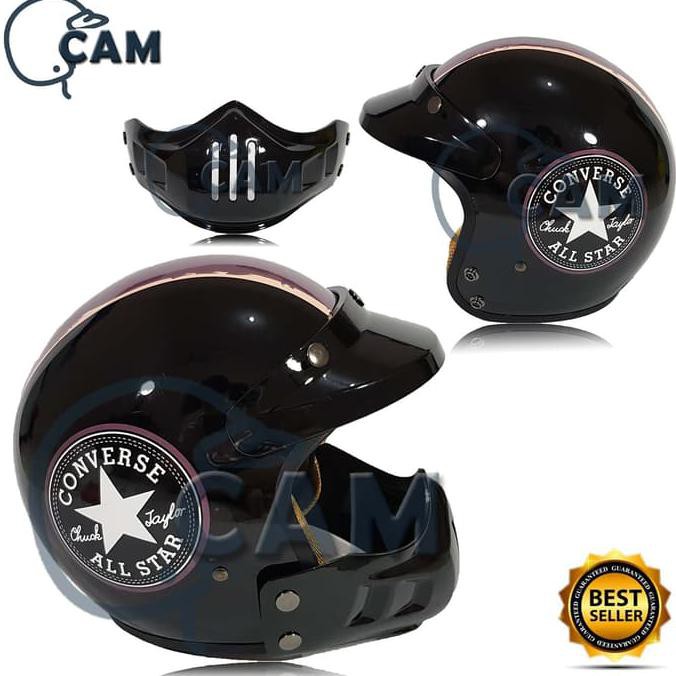 JAMINAN MURAH HELM RETRO WANITA PRIA HALF FACE SNI☻ HELM SNI BOGO CROSS CONVERSE BLACK GLOSS TRAIL