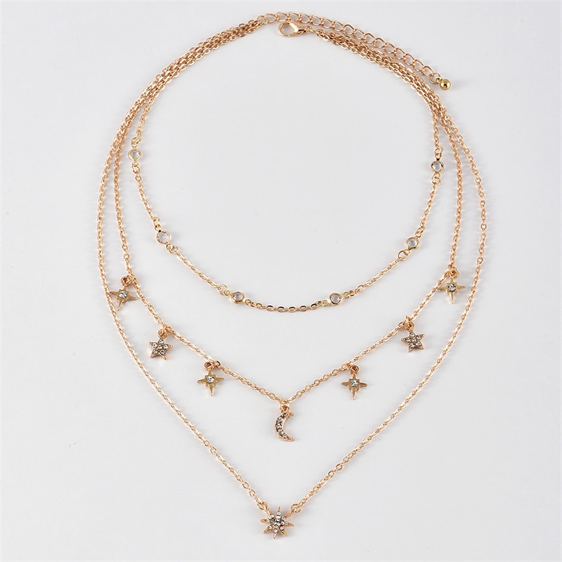 Set Kalung Multilayer Dengan Liontin Bulan Bintang Aksen Berlian Untuk Wanita