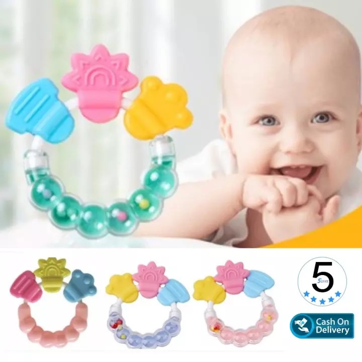 Mainan Rattle Genggam Bayi Gigitan Empeng Buah Plastik dengan Teether Gigitan Kerincing Kerincingan