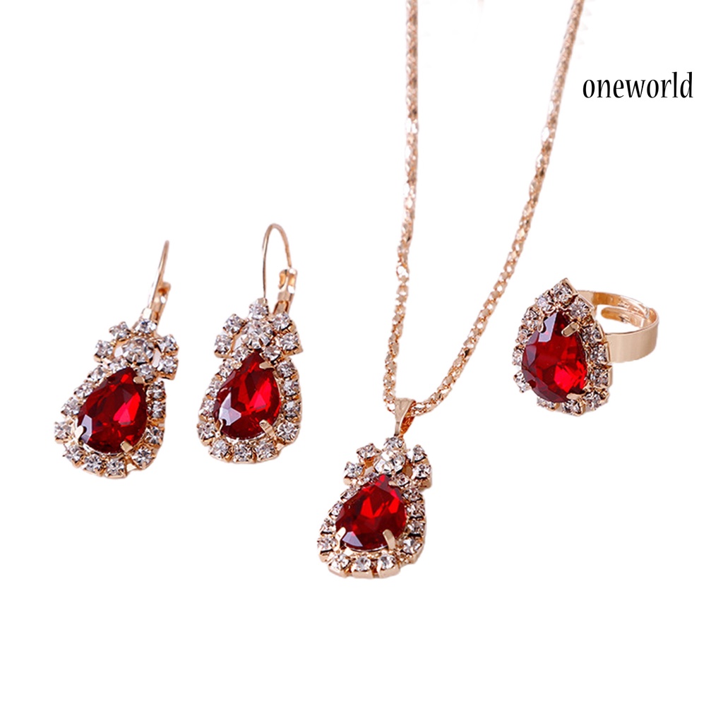 OW@ 3Pcs/Set Women Water Drop Bright Alloy Rhinestone Pendant Necklace Earrings Ring Jewelry Set for Valentine Day