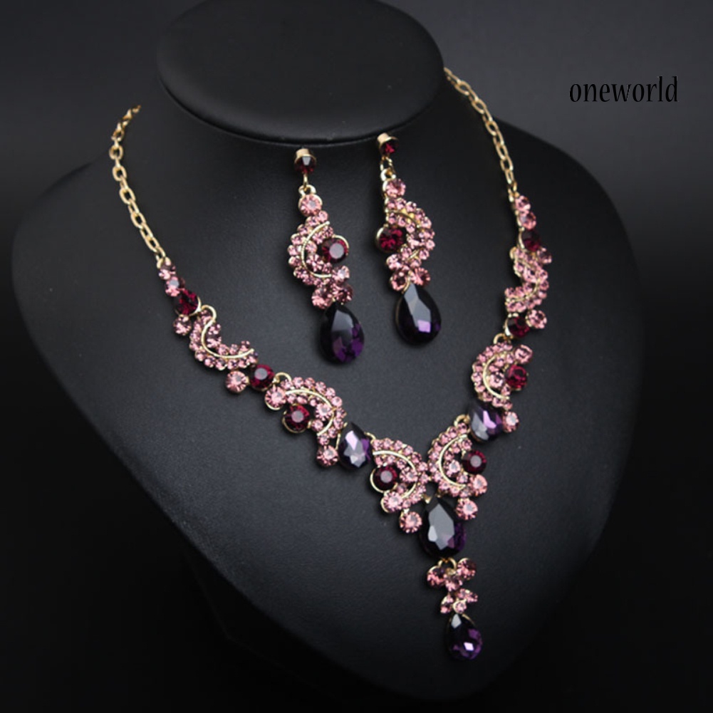 OW@ Luxury Women Rhinestone Pendant Chain Necklace Stud Earrings Wedding Jewelry Set